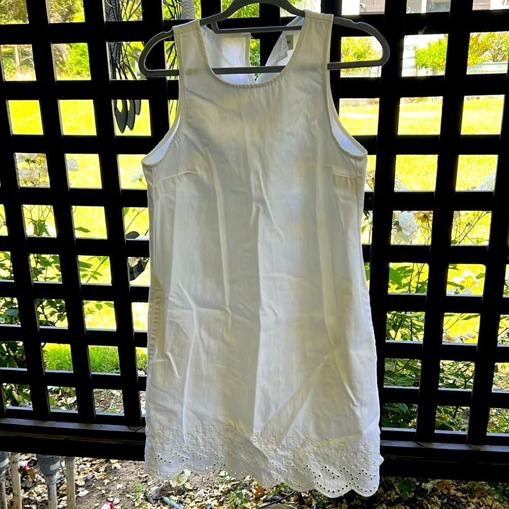 JCrew white denim dress with eyelet floral detail